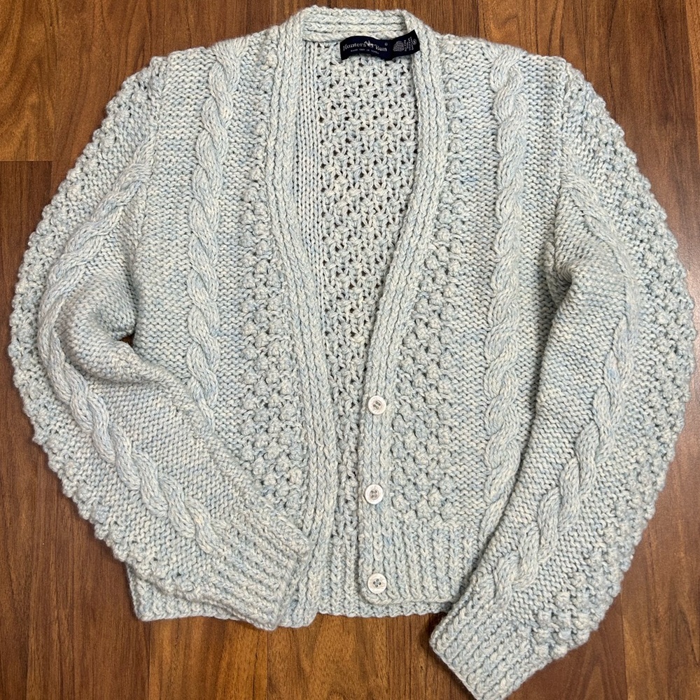 Vintage Hunter's Run Women's Wool Shetland Soft Blue Knit Cardigan Sweater Sz M